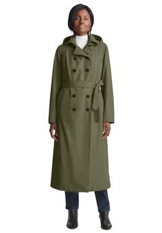 A timeless raincoat to span the seasons. Detachable hood and tie waist. Water resistant. Fully lined. 50" length PolyMachine washableImported Style & Fit Tips: This long double breasted raincoat is figure flattering and ultra-chic, and easy to pair over everything from a pantsuit to your favorite jeans. With a detachable hood and tie waist, there's nothing about this top layer that you won't love.  | Plus Size Women's Double Breasted Long Trench Raincoat by Jessica London in Dark Olive Green (Si Casual Trench Coat, Down Winter Coats, Long Overcoat, Plus Size Winter, Long Trench, Long Trench Coat, Dark Olive Green, Womens Scrubs