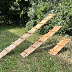 the steps are made out of wood and wire to make it easier for rabbits to climb into