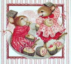 a painting of two mice eating cupcakes