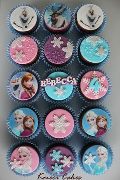 frozen princess cupcakes with frosting on them are arranged in the shape of snowflakes