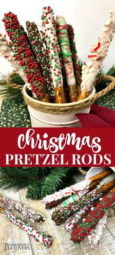 christmas pretzel rods in a bowl with candy canes