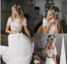 two piece white lace top and tulle skirt with flowers on the waist, short sleeves