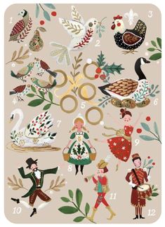 an illustration of people dressed in christmas clothes and holiday decorations with scissors, holly wreaths, birds, snowflakes