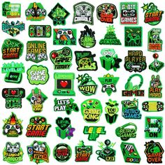 various stickers that are all different colors and sizes, including one with the word game on