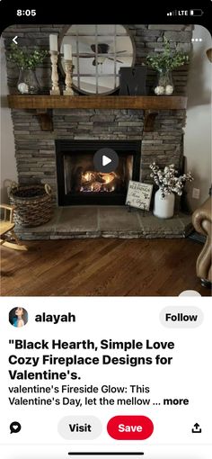 the fireplace is decorated with white flowers and greenery, while an ad for valentine's day sits in front of it