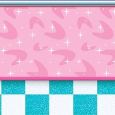 a pink and blue checkered table cloth with white stars on the border is shown