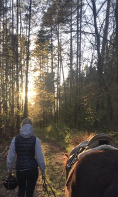 a woman walking with two horses in the woods