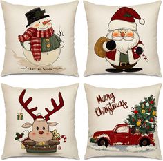 four christmas pillows with santa claus and reindeer