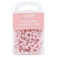 pink push pins in a plastic package on a white background with the word jam printed on it