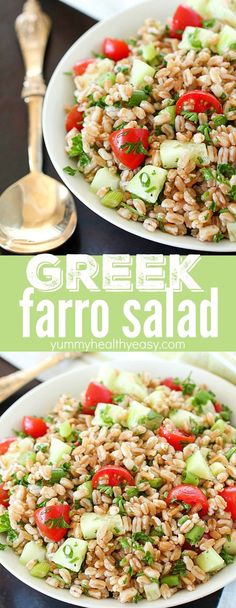 greek farro salad with cucumber, tomatoes and green onions