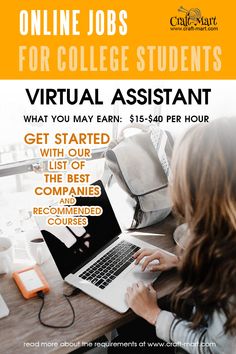 a woman sitting at a desk with a laptop on her lap and the text online jobs for college students virtual assistant