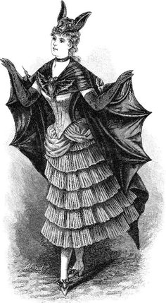 an old fashion illustration of a woman in a dress with bat wings on her head