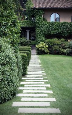 a stone path in the middle of a lawn with hedges and bushes on either side