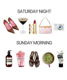 the words saturday night are written in black and white with images of shoes, handbags, drinks, cosmetics