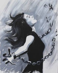 a painting of a woman with long hair and chains around her neck, looking up at the sky