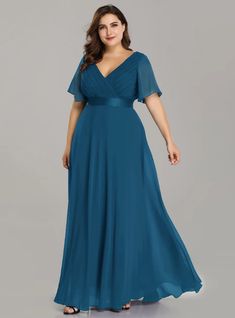 Silhouette:a-line Hemline:floor length Neckline:v-neck Fabric:chiffon Shown Color:teal Sleeve Style:horn sleeve Back Style:zipper up Embellishment:pleats Plus Formal Dresses, Blue Bridesmaid Gowns, Flowy Bridesmaid Dresses, Stylish Sleeves, Empire Waist Evening Dress, Empire Waist Bridesmaid Dresses, Dusty Blue Bridesmaid Dresses, Concert Dresses, Tulle Bridesmaid Dress