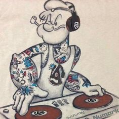 a drawing of a cartoon character with headphones on playing the dj's turntable