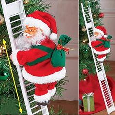 a santa clause climbing up a ladder next to a christmas tree