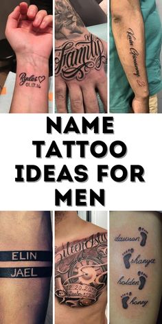 many different tattoos are shown with the words name tattoo ideas for men