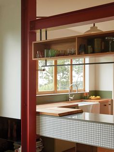 1950s House Renovation, 1990s Kitchen, Kitchen Color Palettes, 1950s House, Steel Beams, Spice Storage, Butcher Block Countertops, Wood Countertops, Kitchen Projects