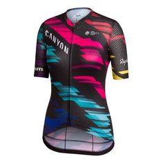 a women's cycling jersey with colorful lines on the front and back, in black