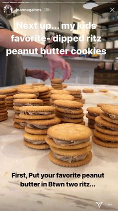 cookies are stacked on top of each other with the caption next up, my kids favorite dipped it's peanut butter cookies