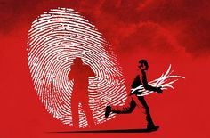 two people are walking in front of a fingerprint pattern on a red background with the image of a man and a woman