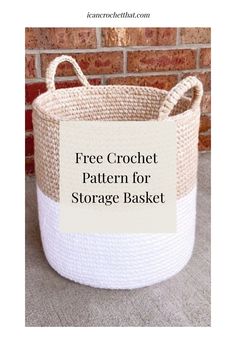 Free crochet pattern for a beige and white storage basket with handles. Tall Crochet Basket, Free Crochet Large Basket Pattern, Jute Basket Crochet Free Pattern, T Shirt Crochet Basket, Storage Basket Crochet Pattern Free, Crochet Basket With Rope, Crochet Basket Pattern Free Large, How To Crochet Baskets Free Pattern, Giant Crochet Basket