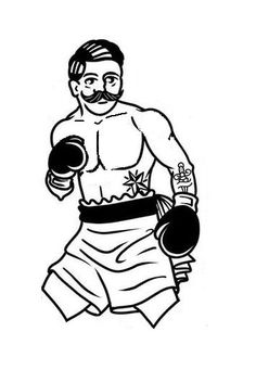 a black and white drawing of a man wearing boxing gloves with a mustache on his face