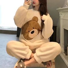 Korean Pajamas, Sleep Clothes, Flannel Fashion, Cute Pjs, Teddy Bear Design