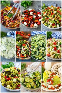 many pictures of different types of salads