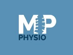 the m p physio logo is shown in white on a light blue background