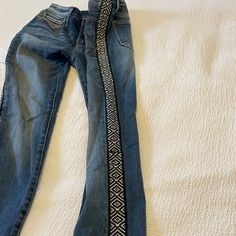 Medium Wash Ankle Jean With Fun Navy And White Detail Running Down Side Of Both Legs. Bought Last Year And Now They Don't Fit. I Paid $138 For Them - My Loss, Your Gain! Rose Embroidered Jeans, Girlfriend Jeans, Raw Hem Jeans, Floral Denim, Embroidered Jeans, Baby Boots, Ankle Jeans, Light Wash Jeans, Mid Rise Jeans