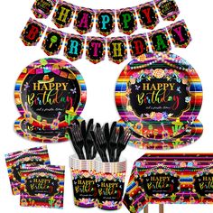 happy birthday party supplies including plates, cups and napkins