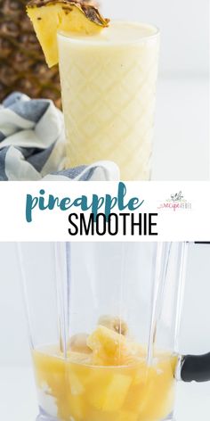 pineapple smoothie in a blender with the title overlay