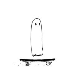 a drawing of a skateboard with a ghost on it's back end and eyes drawn in black ink