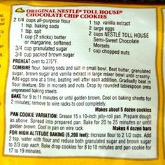 a close up of a sign with instructions for baking chocolate chip cookies on it's side