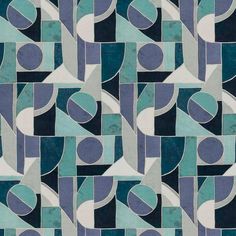 an abstract blue and white tile pattern with circles, shapes, and rectangles