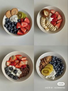 four bowls with different types of food in them, each containing fruit and crackers