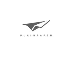 the logo for plain paper is shown in black and white, with an origami plane