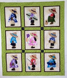 a quilted wall hanging with pictures of people in different outfits and hats on it