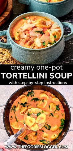 two pictures showing different types of tortellini soup