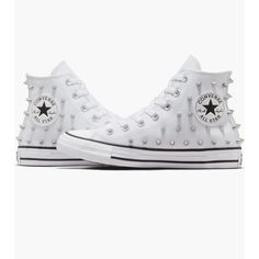 White Converse High Top’s With Metal Spikes. Add Spunk To Your Outfit With These Eclectic Kicks. Size 7 Casual Low-top Sneakers With Studs, Casual Studded Lace-up Sneakers, Casual Studded Sneakers, White Sneakers With Studded Rubber Outsoles For Summer, White Sneakers With Studded Outsoles For Summer, Trendy Spiked Sneakers, White High-top Sneakers With Studded Outsoles, White Low-top Sneakers With Spikes, Trendy Low-top Spiked Sneakers