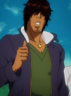 an anime character giving the thumbs up in front of blue sky with clouds behind him