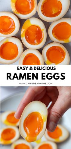 hard boiled eggs with an egg yolk in them and the words, easy & delicious ramen eggs