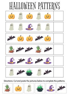 halloween pattern worksheet with pumpkins, bats and witches on the same page