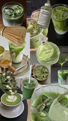 green drinks are being made in glass dishes