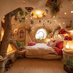 the bedroom is decorated in fairy - themed decor and features lights, plants, and mushrooms