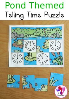 the telling time puzzle is displayed on a wooden table with four different pictures in front of it