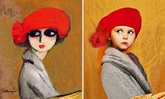 two paintings of women with red hair and black eyeliners, one is wearing a gray sweater